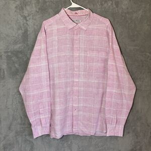 Tommy Bahama Hawaiian Shirt Men XL Pink 100% Linen Striped Long Sleeve Button Up
